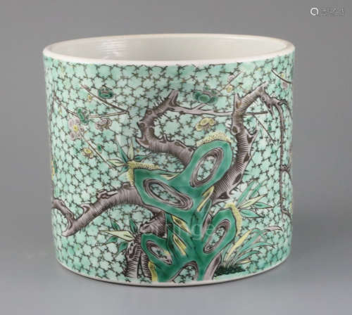 A Chinese famille verte brush pot, Kangxi mark but late 19th century, painted with prunus,