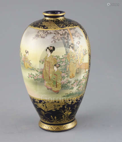 A Japanese Satsuma pottery ovoid vase, by Kozan, Meiji period, finely painted with bijin in a