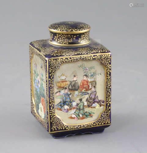 A Japanese Satsuma pottery square tea caddy and cover, by Kinkozan, Meiji period, painted to two