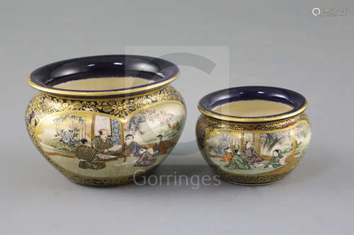 Two graduated Japanese Satsuma pottery bowls, by Kinkozan, Meiji period, each painted with figures