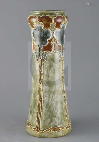 Mark V Marshall for Royal Doulton, a tall foliate design vase, c.1895, with tube-lined overlapping