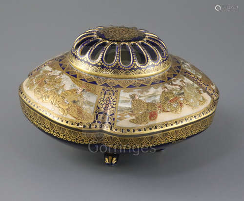 A Japanese Satsuma pottery koro and cover, by Kinkozan, Meiji period, of quatrelobed form, the