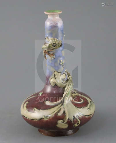 Mark V Marshall for Doulton lambeth, a flambe bottle vase entwined by a mythical beast, c.1885,