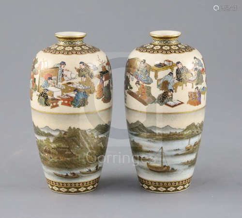 A fine pair of Japanese Satsuma pottery ovoid vases, by Yabu Meizan, Meiji period, each upper half