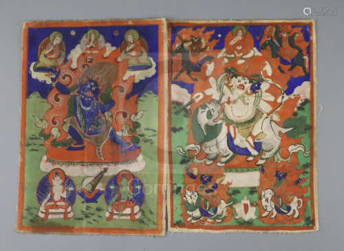 A set of five Tibetan thangkas depicting Buddhist deities, late 19th century, painted on silk,