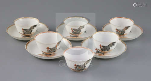 A set of six Chinese rouge de fer 'chicken' tea bowls and five saucers, 18th / 19th century, each