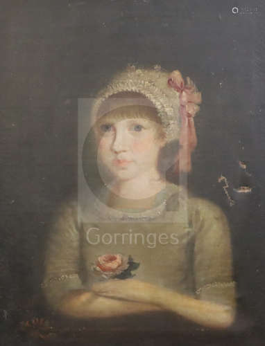 Early 19th century Continental School, possibly Americanoil on canvasPortrait of a girl holding a