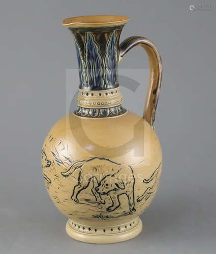 Hannah Barlow for Doulton Lambeth, a 'fox and hounds' sgraffito ewer, dated 1875, impressed mark and