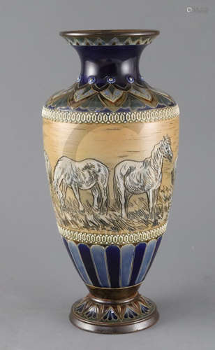 Hannah Barlow for Doulton Lambeth, a 'horses' sgraffito baluster vase, c.1895, with lappeted