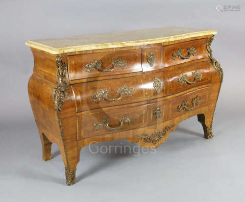 A Louis XV style kingwood bombe commode, with serpentine marble top, ormolu mounts, two short and