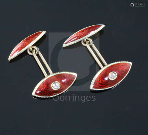 A pair of early 20th century 15ct, red and white enamel and diamond set navette shaped cufflinks.