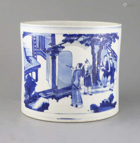 A good large Chinese blue and white brush pot, bitong, Kangxi period, c.1700-15, finely painted with