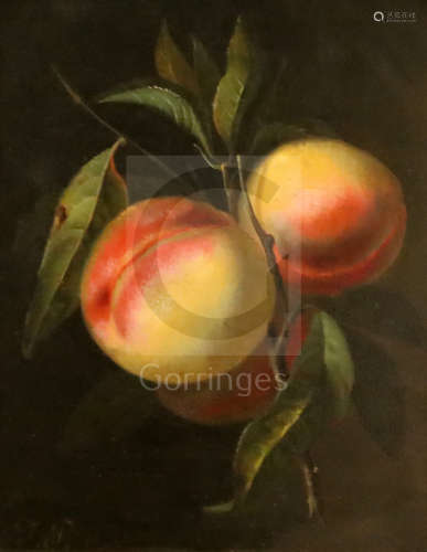 J.P. 1886oil on panelStill life of peachesinitialled and dated9.5 x 7.5in.