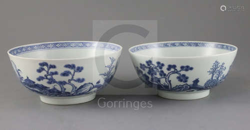 A pair of Chinese Nanking cargo blue and white bowls, Qianlong period, each painted to the