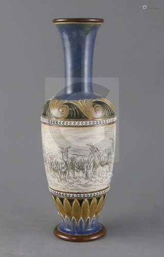 Hannah Barlow for Doulton Lambeth, a 'goats' sgraffito vase, c.1895, with leaf and lappeted borders,