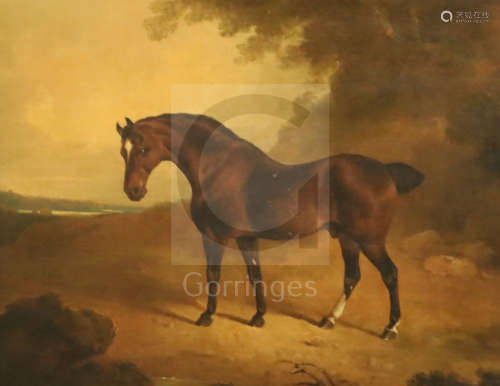 Early 19th century English Schooloil on boardBrown horse in a landscape18 x 23.25in.