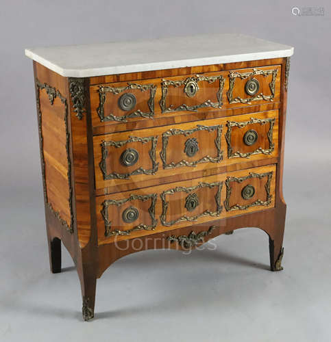 A 19th century French Louis XVI style ormolu mounted kingwood commode, with white marble top and