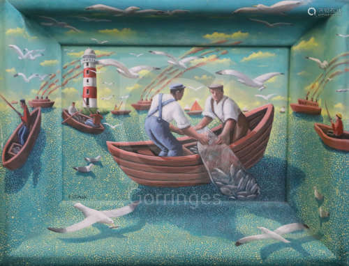 § Pamela Jane Crook (1945-)acrylic on board'Fishers'overall 16 x 20in.