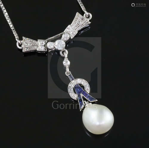 An early 20th century platinum?, sapphire, diamond and baroque pearl set drop pendant, on a later