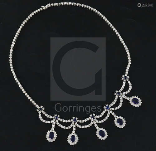 A 1980's Italian 18ct white gold, sapphire and diamond set drop necklace by Cuccarollo Costante,