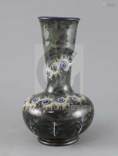 George Tinworth for Doulton Lambeth, a Persian shape bottle vase, dated 1880, decorated with