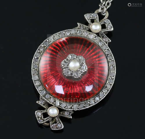 A Victorian gold, red guilloche enamel, seed pearl and rose cut diamond set circular pendant, with