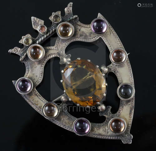 A Victorian Scottish silver, oval cut citrine and cabochon quartz set coronet shield shaped openwork
