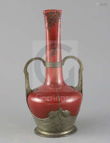 An Orivit Art Nouveau pewter-mounted flambe bottle vase, c.1900, the pottery body possibly by