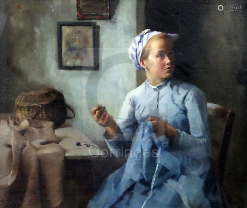 I.M 1888oil on canvasInterior with seamstressinitialled and dated18 x 21.5in.