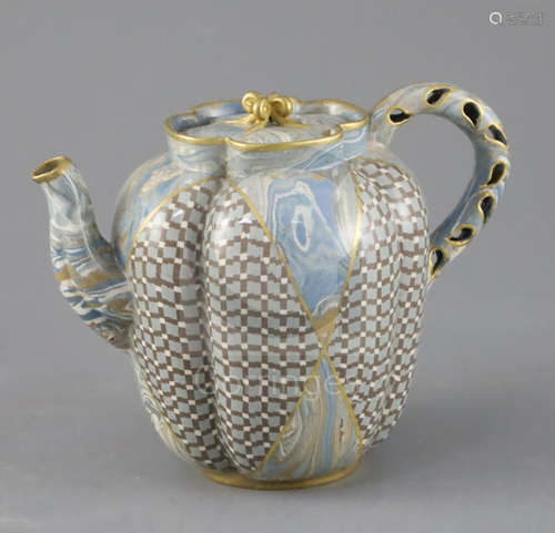 A good Doulton & Rix's patent Marqueterie ware teapot, c.1887, of quatrelobed form with 'teardrop'