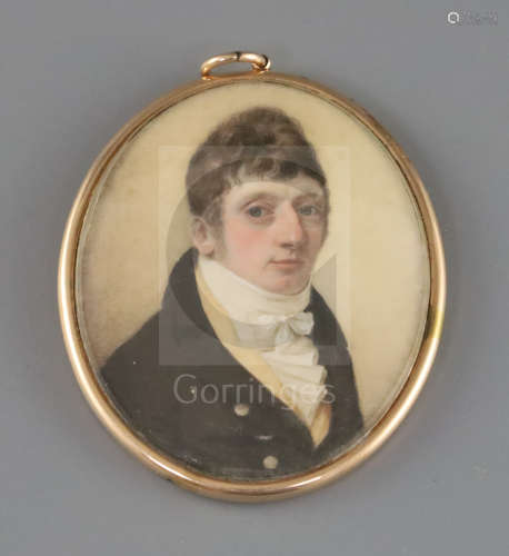 English School c.1800oil on ivoryMiniature portrait of a gentleman wearing a brown coat2.75 x 2.