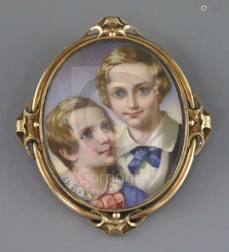 Victorian Schooloil on ivoryMiniature portrait of two boys2.5 x 2in., hair back frame