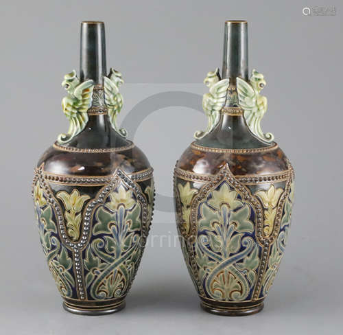 Frank A Butler for Doulton, a pair of Art Union of London bottle vases, c.1885, impressed marks