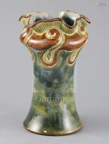 Frank A Butler for Doulton Lambeth, an organic free-form vase, c.1895, with scrolling neck,