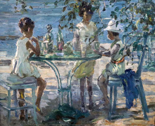 § Attributed to Dorothea Sharp (1874-1955)oil on canvasChildren beside a cafe table19.25 x 23.25in.
