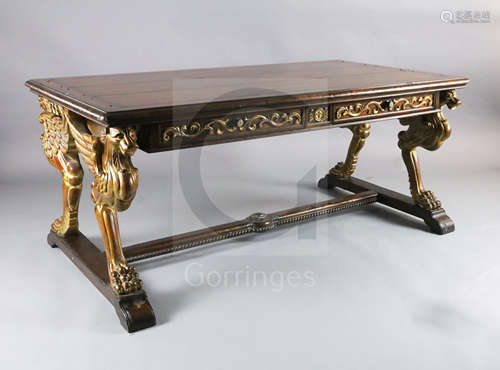 A Regency style mahogany library table, with rounded rectangular top and four frieze drawers, on