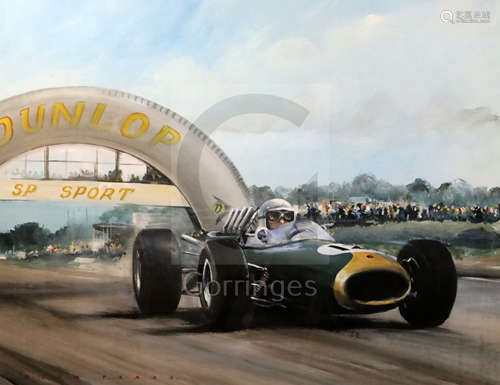 Dion Pears (1929-1985)watercolour and gouacheJack Brabham in his Repco-Brabham on his way to winning