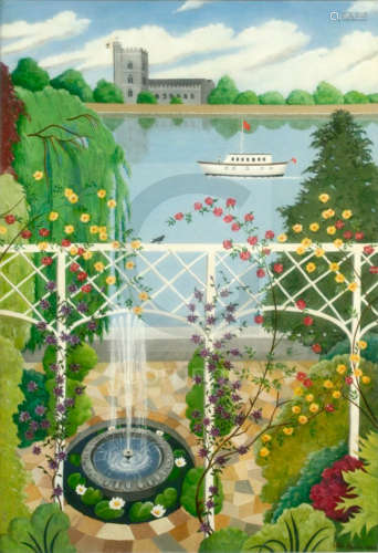 Ula Paine (1909-2001)oil on canvas'A Garden by the River'signed, label verso36 x 24in.