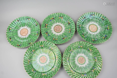 5 Chinese Canton Glaze Cabbage Plates,19-20th C.