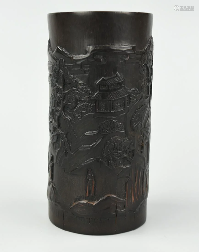 Chinese Bamboo Brushpot w/ Pavlion ,Qing D.