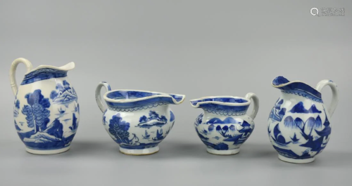 4 Chinese Export Blue & White Ewer Set, 18th C.