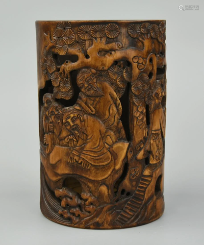 Chinese Carved Bamboo Brushpot w/ Figures,Qing D.