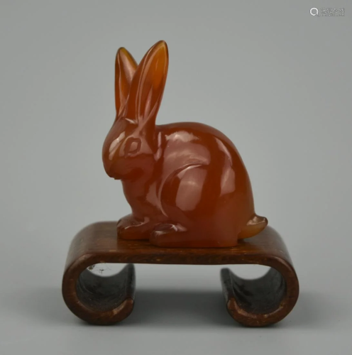 A Chinese Miniature Carved Agate Rabbit w/ Base