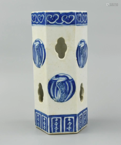 Chinese Blue & White Hexagonal Hat Vase w/ Cranes