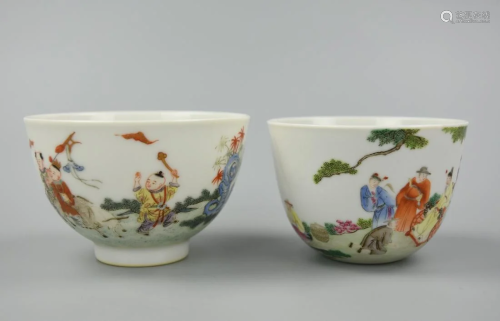 2 Chinese Famille Rose Cups w/ Figures, 19-20th C.