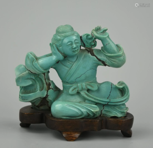 Chinese Carved Turquoise Man Reclining w/ Li…