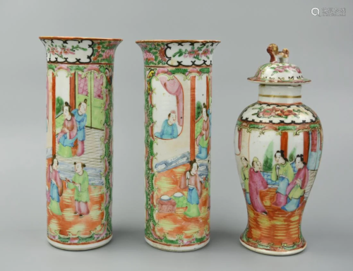 3 Cantonese Vases: Figures in Courtyards, 19th C.