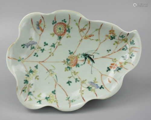 Chinese Celadon Famille Rose Leaf Dish, 19th C.