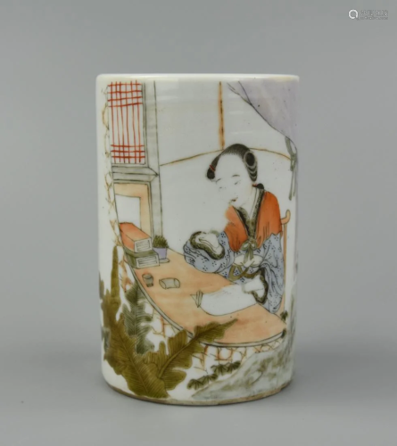 Chinese Qianjiang Brush Pot w/ Female Poet, ROC P.