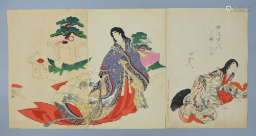 Japanese Ukiyoe Woodblock Triptych w/ Atten…